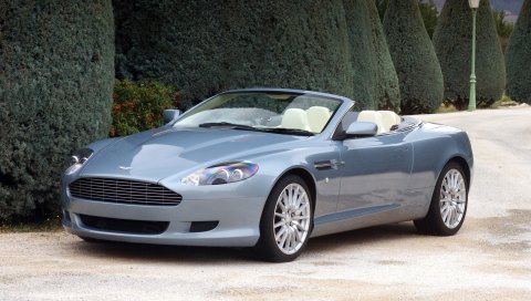 Aston martin, db9, 2004, синий, вид сбоку, стиль, автомобили, природа, кустарники, деревья