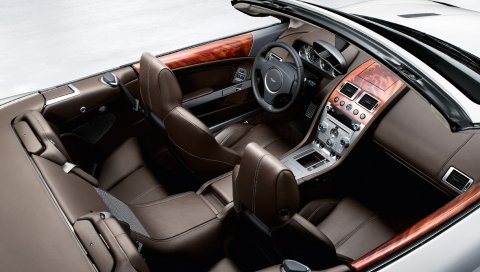 Aston martin, db9, 2008, коричневый, вид сверху, салон, салон, руль, спидометр
