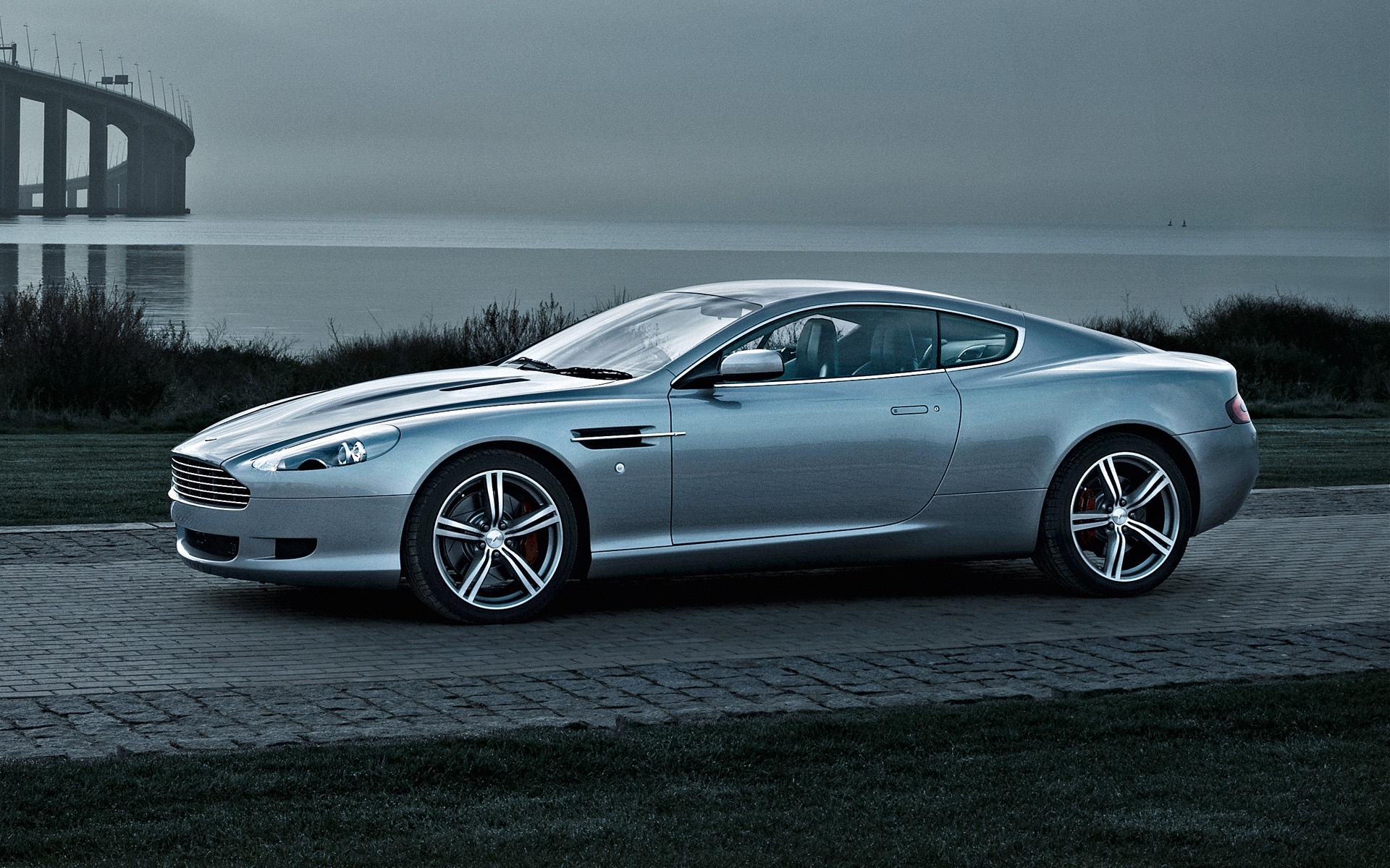 Картинки Aston martin, db9, 2008, металлический серый, вид сбоку, стиль, автомобили, природа, море, трава фото и обои на рабочий стол
