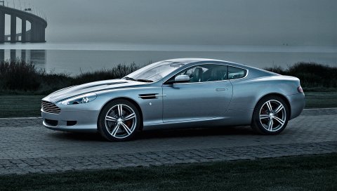 Aston martin, db9, 2008, металлический серый, вид сбоку, стиль, автомобили, природа, море, трава