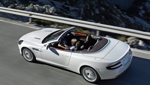 Aston martin, db9, 2008, белый, вид сверху, стиль, автомобили, скорость, девушка, природа