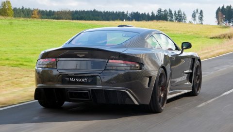 Mansory, cyrus, 2009, черный, вид сзади, стиль, спорт, aston martin, автомобили, скорость, природа, деревья, трава, асфальт
