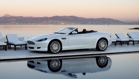 Aston martin, db9, 2008, белый, вид сбоку, стиль, автомобили, природа, горы, море, отражение