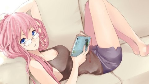Девушка, диван, очки, книга, отдых