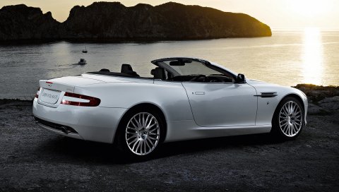 Aston martin, db9, 2008, белый, вид сбоку, стиль, автомобили, природа, море, закат, скалы