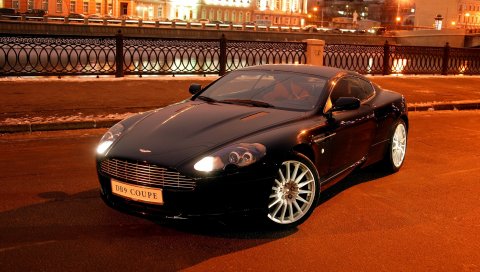 Aston martin, db9, 2004, черный, вид спереди, стиль, автомобили, город, дом, фары, асфальт
