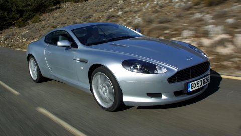 Aston martin, db9, 2004, серебристый металлик, вид сбоку, стиль, автомобили, скорость, природа, деревья, асфальт