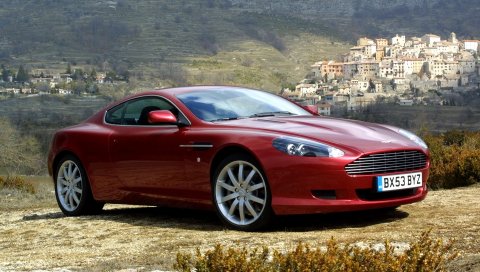 Aston martin, db9, 2004, красный, вид сбоку, стиль, автомобили, природа, деревья, дома