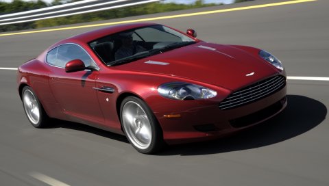Aston martin, db9, 2008, красный, вид сбоку, стиль, автомобили, скорость, деревья, асфальт