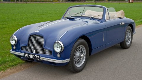 Aston martin, 1951, синий, вид сбоку, стиль, автомобили, природа, трава, дома, деревья