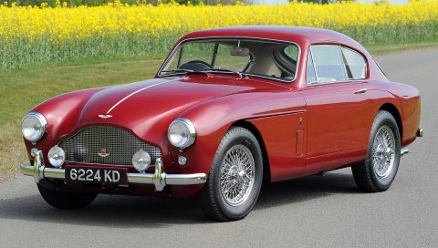 Aston martin, 1958, красный вид сбоку, стиль, автомобили, ретро, природа, поле, цветы, деревья, асфальт