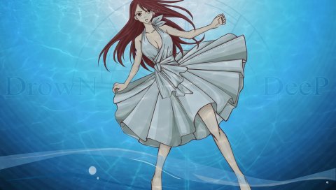 Девушка, erza сказочный хвост, брюнетка, вода, плавание