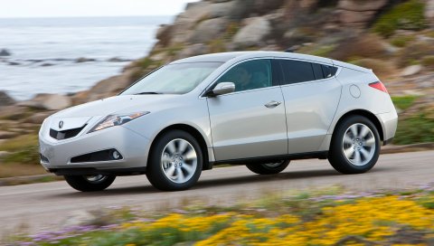 Acura, zdx, 2009, белый, вид сбоку, стиль, автомобили, скорость, цветы, трава, море, скала