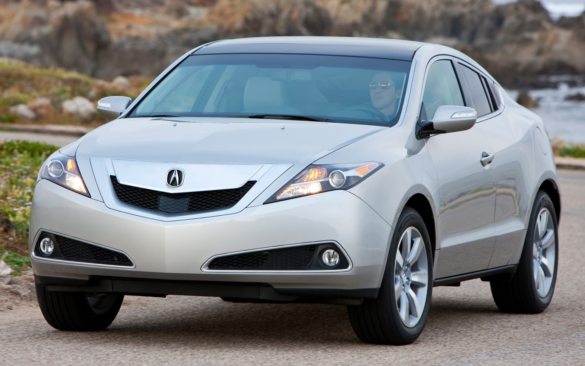 Картинки Acura, zdx, 2009, серебристый металлик, вид спереди, стиль, автомобили, скалы, море, природа фото и обои на рабочий стол