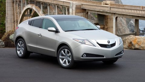 Acura, zdx, 2009, серебристый металлик, вид сбоку, стиль, автомобили, природа, мост, горы, трава, море