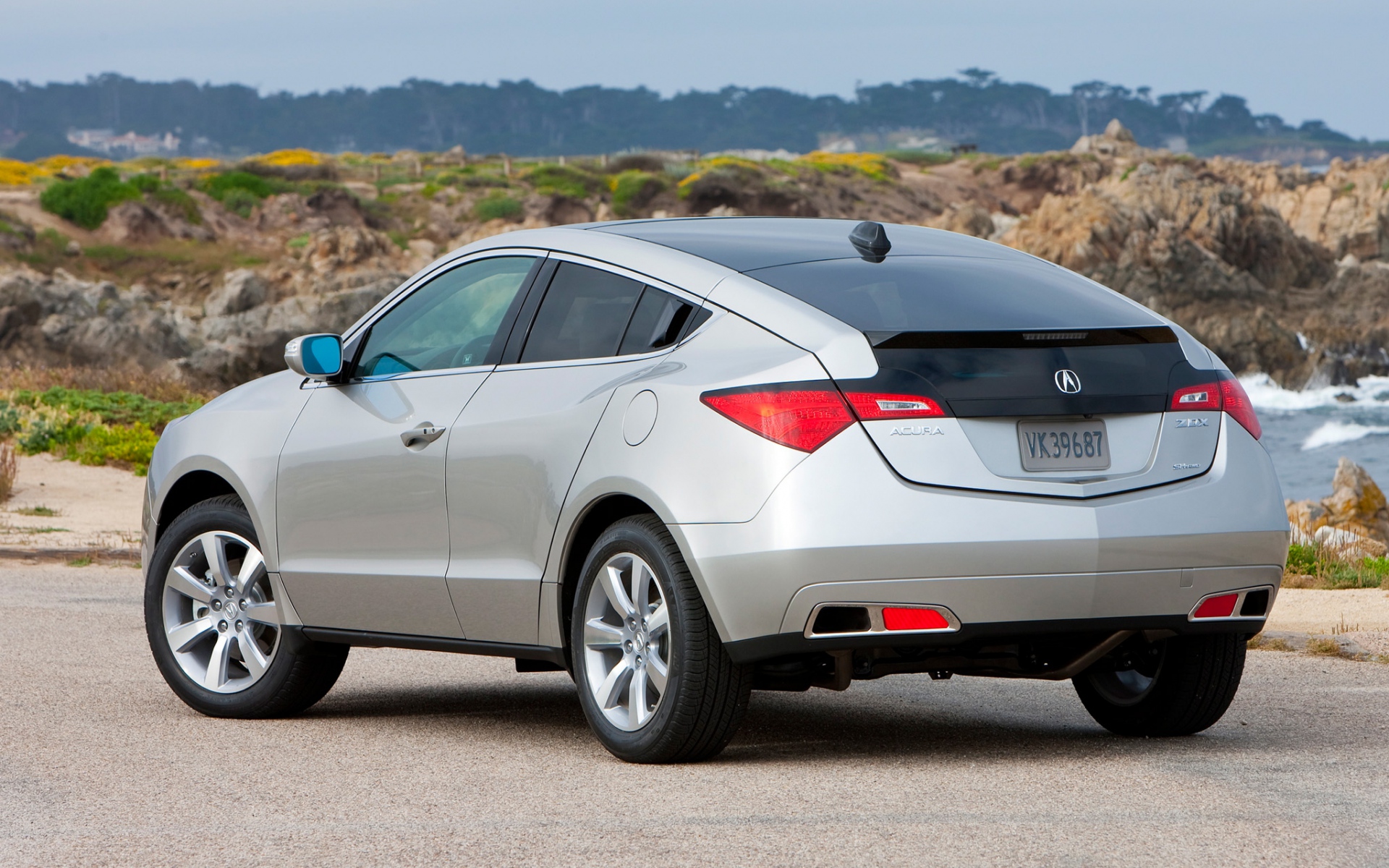 Картинки Acura, zdx, 2009, серебристый металлик, вид сбоку, стиль, автомобили, природа, деревья, трава, асфальт фото и обои на рабочий стол