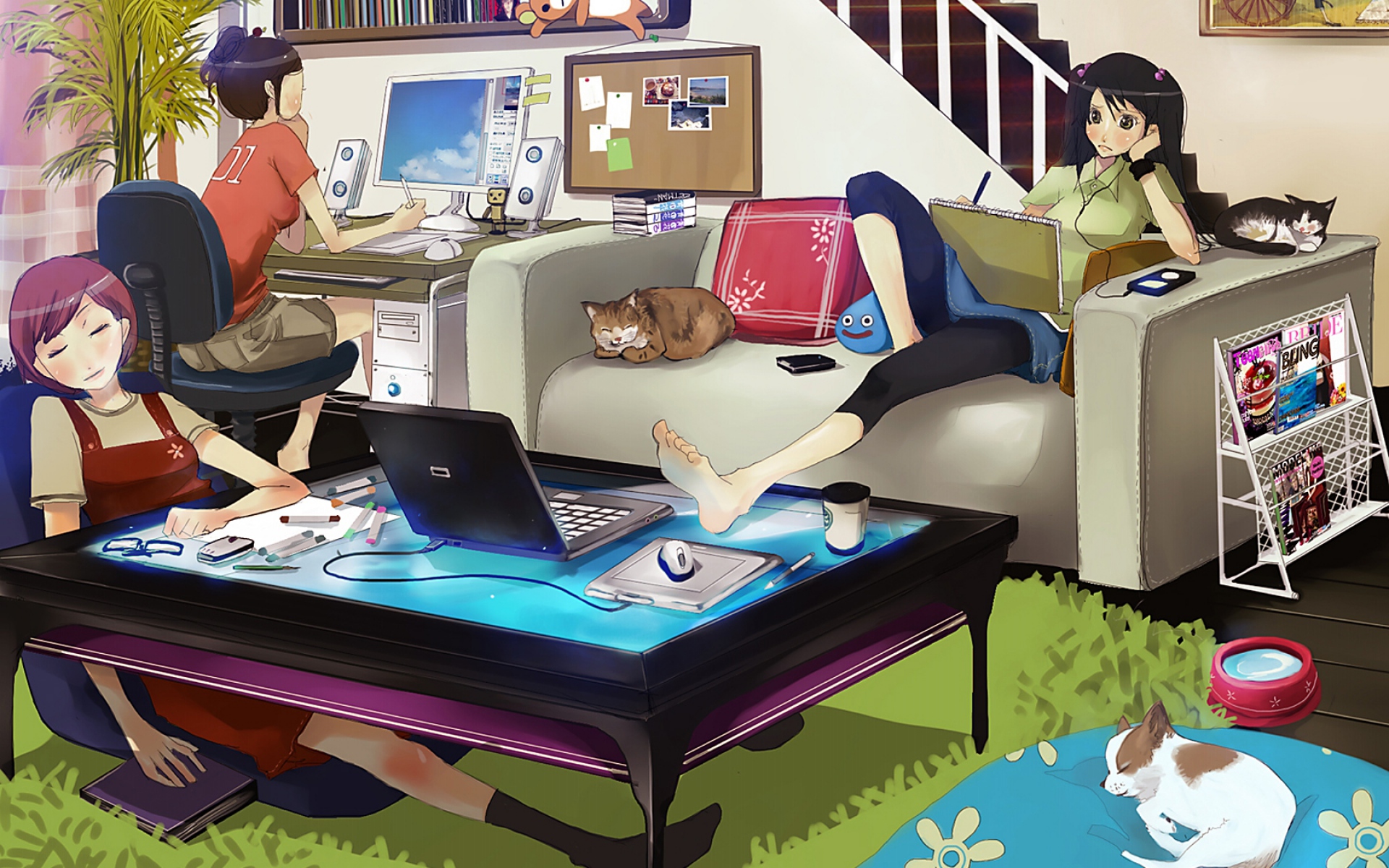 Картинки Аниме, девушки, комната, животные, упражнения фото и обои на рабочий стол