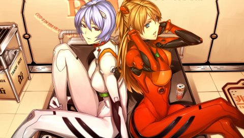 Аниме, neon genesis evangelion rei, девушки, коробки, фон