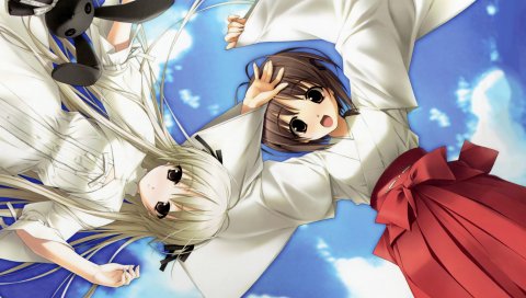 Девушки, hiyoku no hane, кимоно, небо, облака