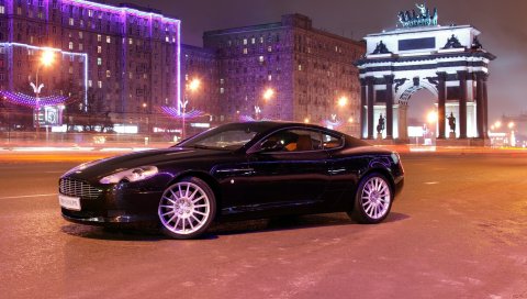 Aston martin, db9, 2004, черный, вид сбоку, стиль, автомобили, дома, огни, город, асфальт
