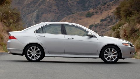 Acura, tsx, 2006, серебристый металлик, вид сбоку, стиль, автомобили, природа, трава, горы