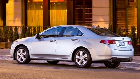 Acura, tsx, 2008, серебристый металлик, вид сбоку, стиль, автомобили, улица, здание, кустарники, асфальт