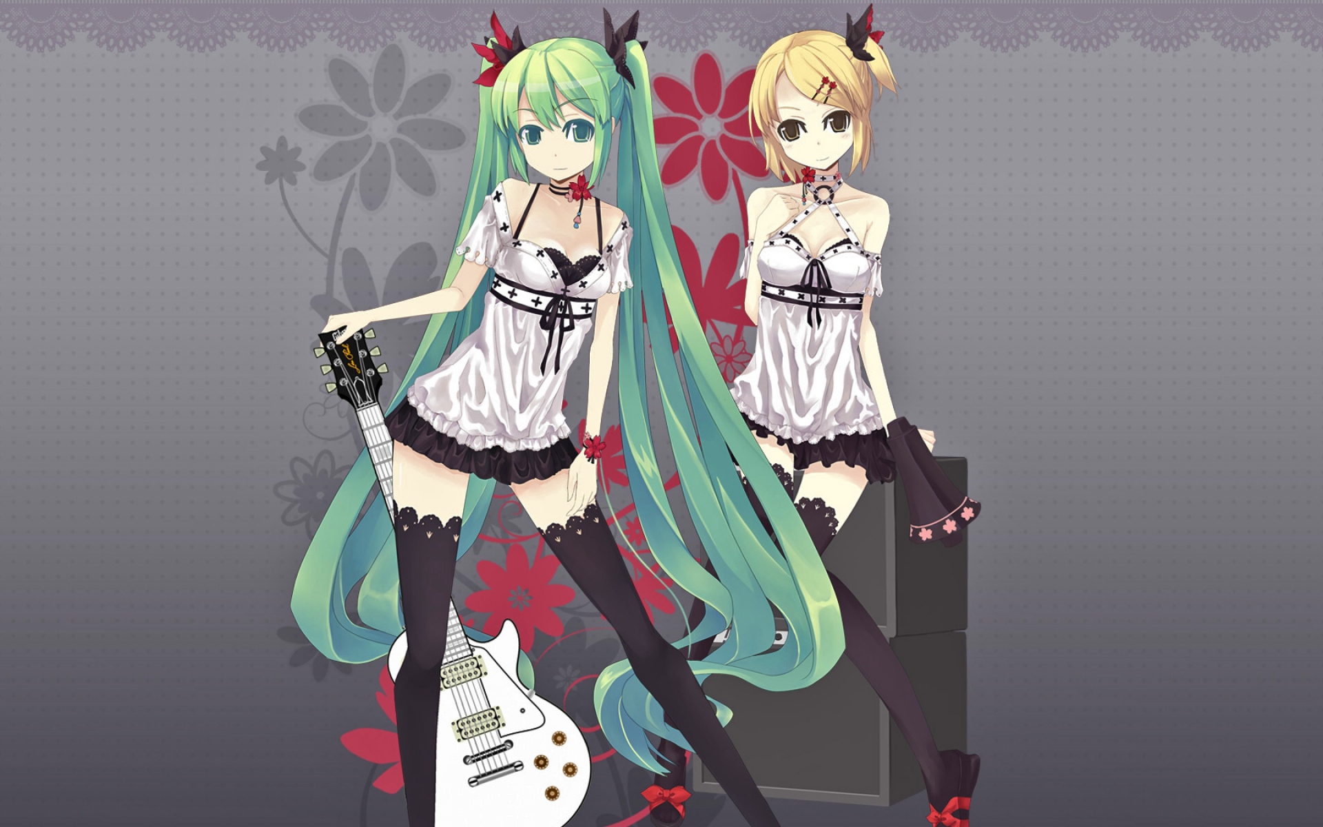 Картинки Девушки, hatsune miku, милый, улыбка, гитара, фон фото и обои на рабочий стол