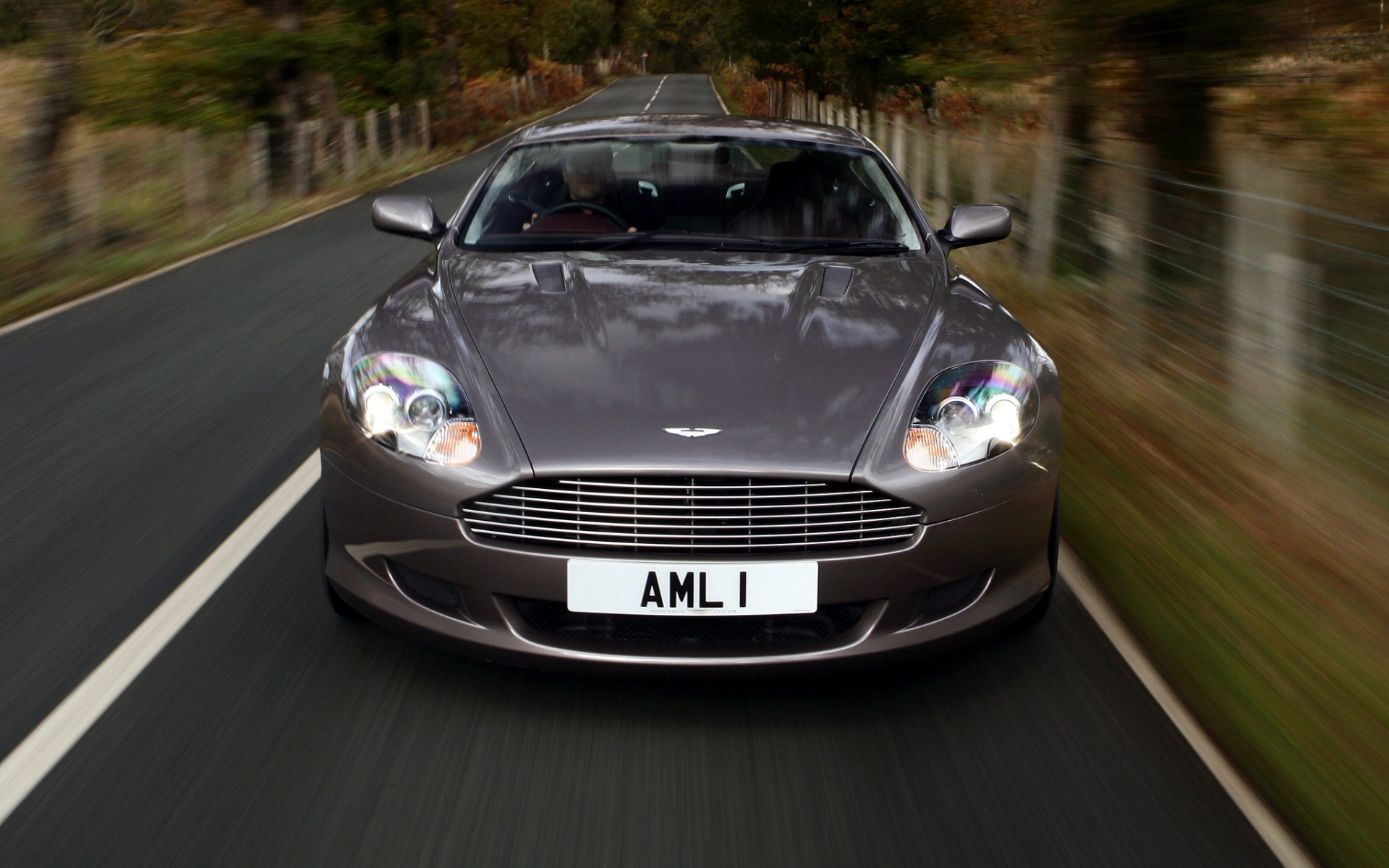 Картинки Aston martin, db9, 2004, серый, вид спереди, стиль, автомобили, скорость, природа, деревья, трава фото и обои на рабочий стол