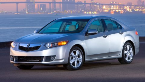 Acura, tsx, 2008, серебристый металлик, вид сбоку, стиль, автомобили, закат, город, фары, мост, асфальт