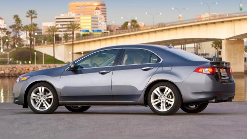 Acura, tsx, v6, 2009, металлический серый, вид сбоку, стиль, автомобили, природа, небо, мост, асфальт, пальмы