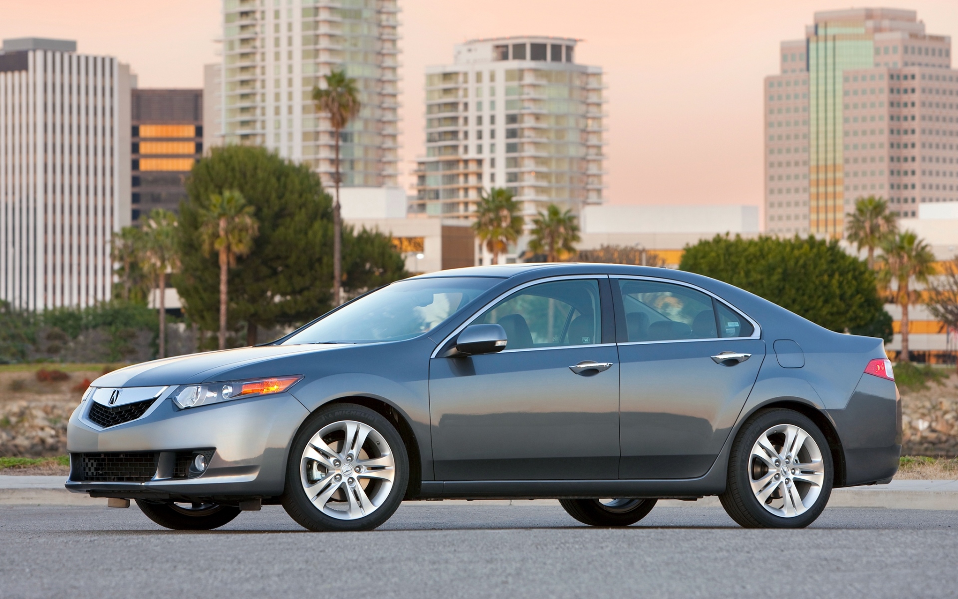Картинки Acura, tsx, v6, 2009, металлический серый, вид сбоку, стиль, автомобили, дома, пальмы, деревья, асфальт, природа фото и обои на рабочий стол