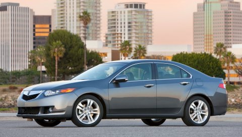 Acura, tsx, v6, 2009, металлический серый, вид сбоку, стиль, автомобили, дома, пальмы, деревья, асфальт, природа