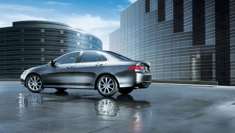 Acura, tsx, 2006, металлик серый, вид сбоку, стиль, автомобили, отражение, мокрый асфальт, здания, облака