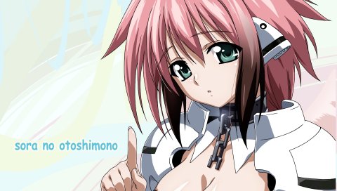 Девушка, sora no otoshimono, брюнетка, жест, палец