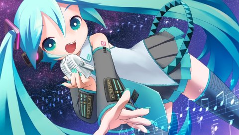 Аниме, hatsune miku, девушка, микрофон, улыбаясь