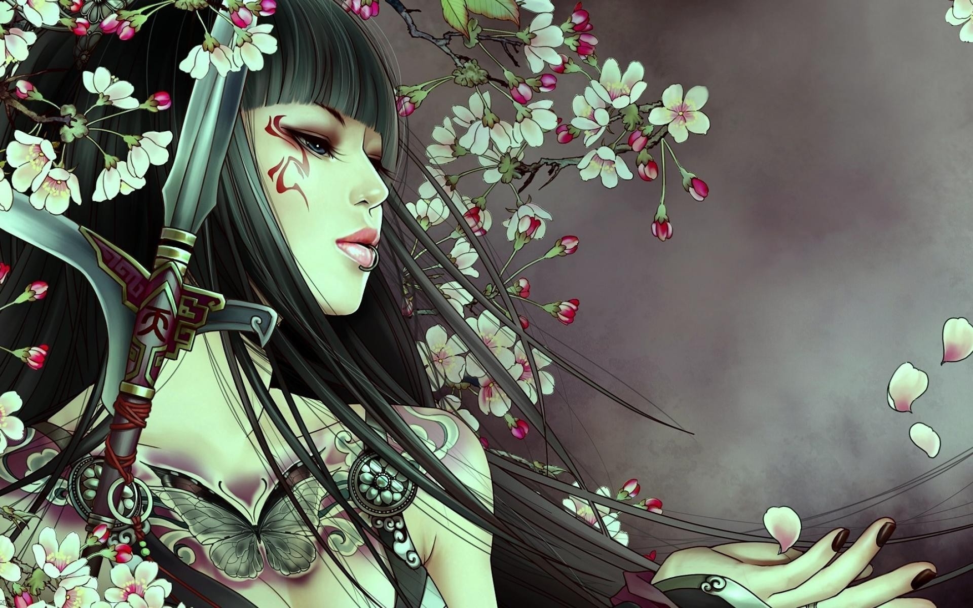 Картинки Девушка, брюнетка, пирсинг, украшения, меч фото и обои на рабочий стол