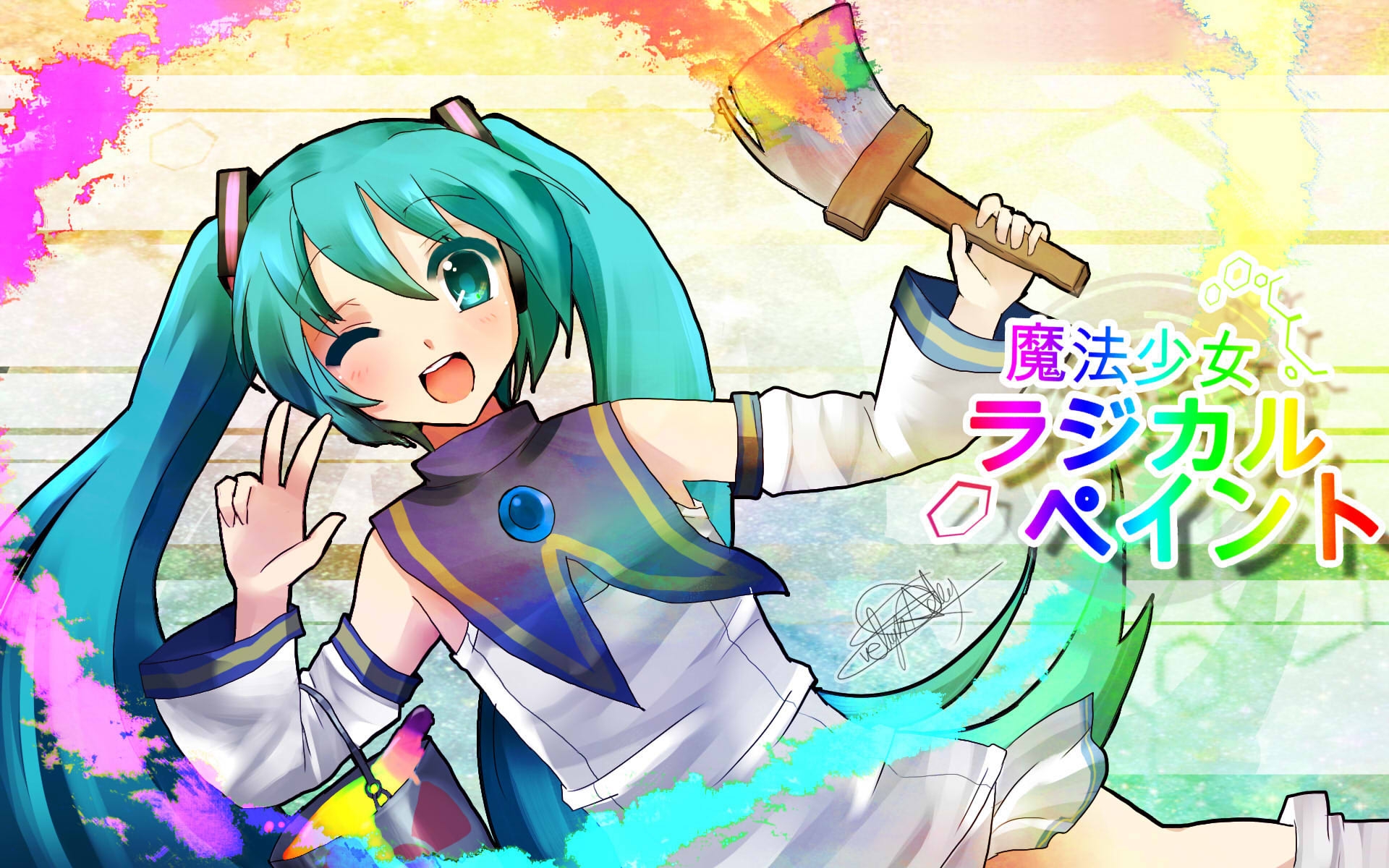 Картинки Девушки, hatsune miku, кисть, краска, улыбка фото и обои на рабочий стол