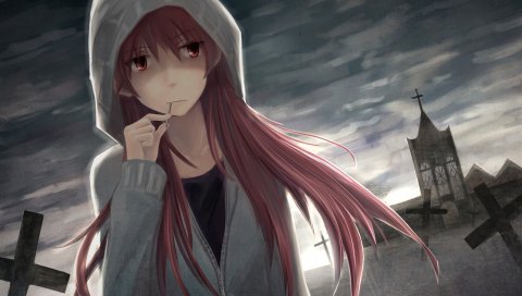 Девушка, капот, кладбище, взгляд, облачно