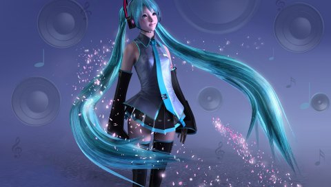 Девушка, hatsune miku, сладкий, наушники, улыбаясь