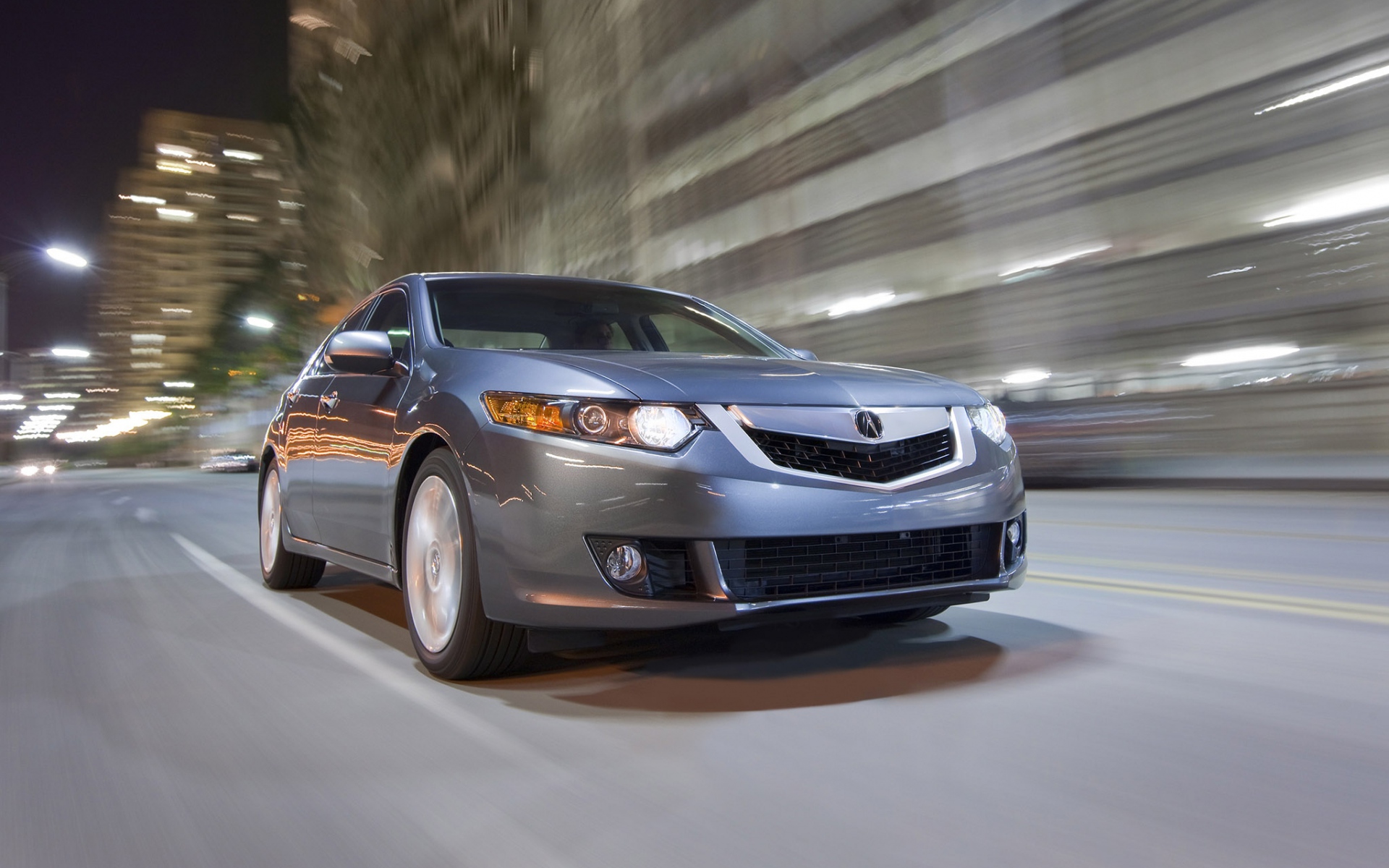 Картинки Acura, tsx, v6, 2009, серый вид спереди, стиль, автомобили, скорость, город, улица, огни, асфальт фото и обои на рабочий стол