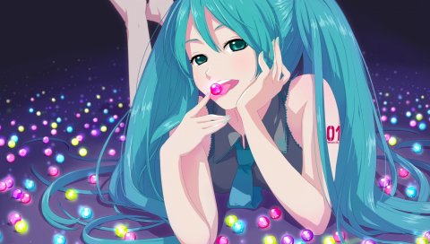 Аниме, hatsune miku, девушка, шарики, осанка, улыбка