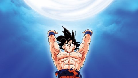 Мальчик, goku genkidama, брюнетка, мышцы, луна, сила