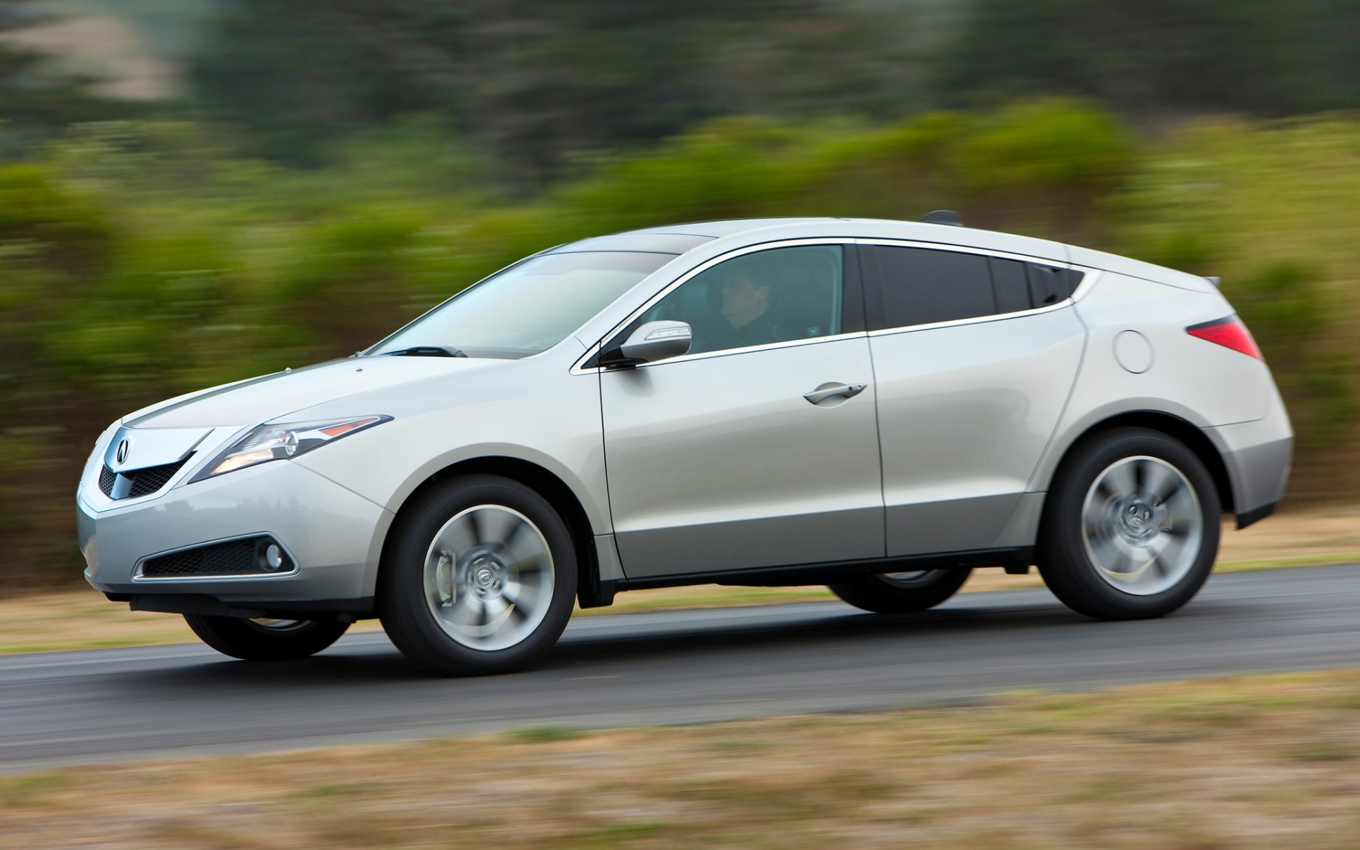 Картинки Acura, zdx, 2009, серебристый металлик, вид сбоку, стиль, автомобили, скорость, кустарники, деревья фото и обои на рабочий стол