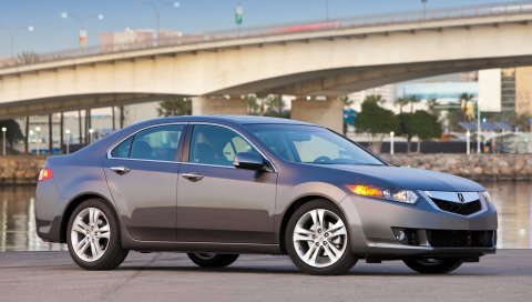 Acura, tsx, v6, серый, вид сбоку, стиль, автомобили, небо, мост, деревья, асфальт