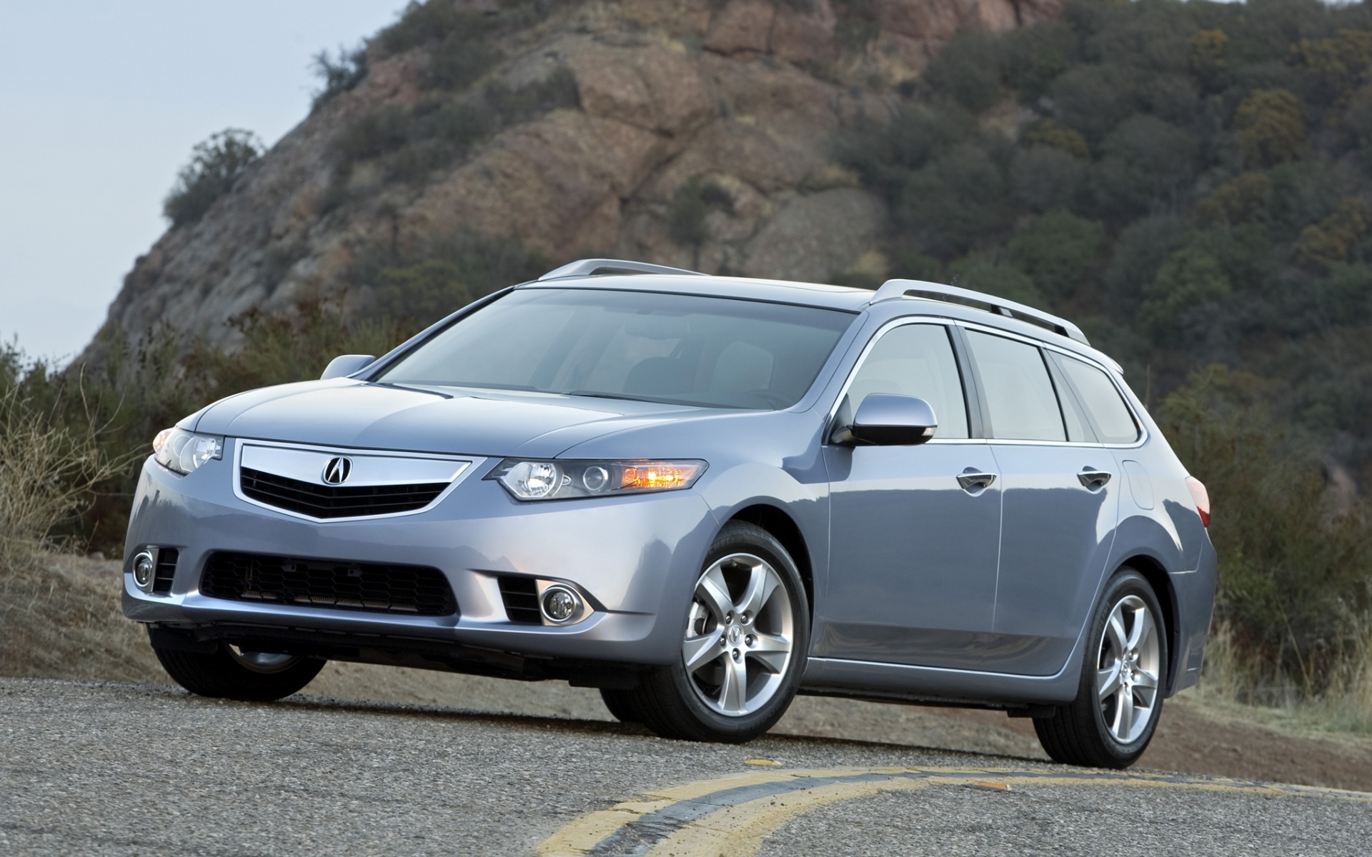 Картинки Acura, tsx, 2010, синий, вид спереди, стиль, автомобили, кустарники, скала, небо, асфальт фото и обои на рабочий стол