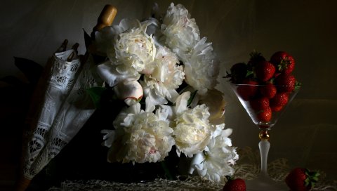 Пионы, цветы, ягоды, клубника, зонтик, скатерть