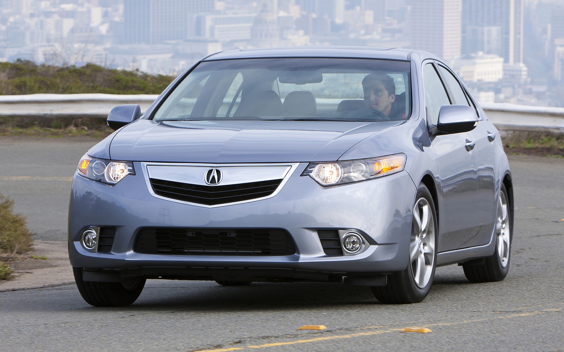 Картинки Acura, tsx, 2010, синий, вид спереди, стиль, автомобили, город, трава, дорога фото и обои на рабочий стол