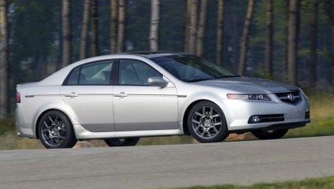Acura, tl, 2007, серебристый металлик, вид сбоку, стиль, автомобили, скорость, лес, трава, асфальт