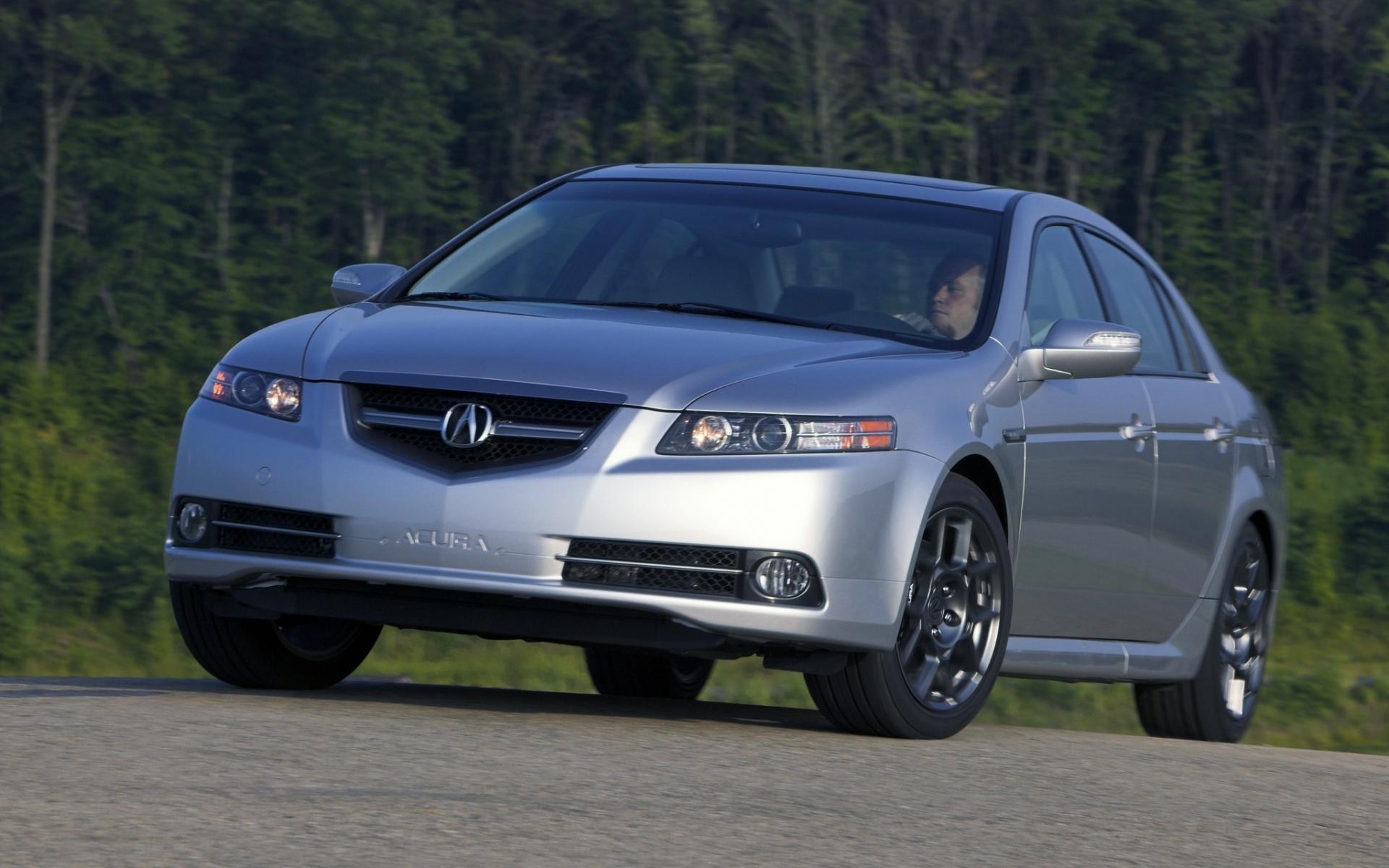 Картинки Acura, tl, 2007, серебристый металлик, вид спереди, стиль, автомобили, деревья, асфальт фото и обои на рабочий стол
