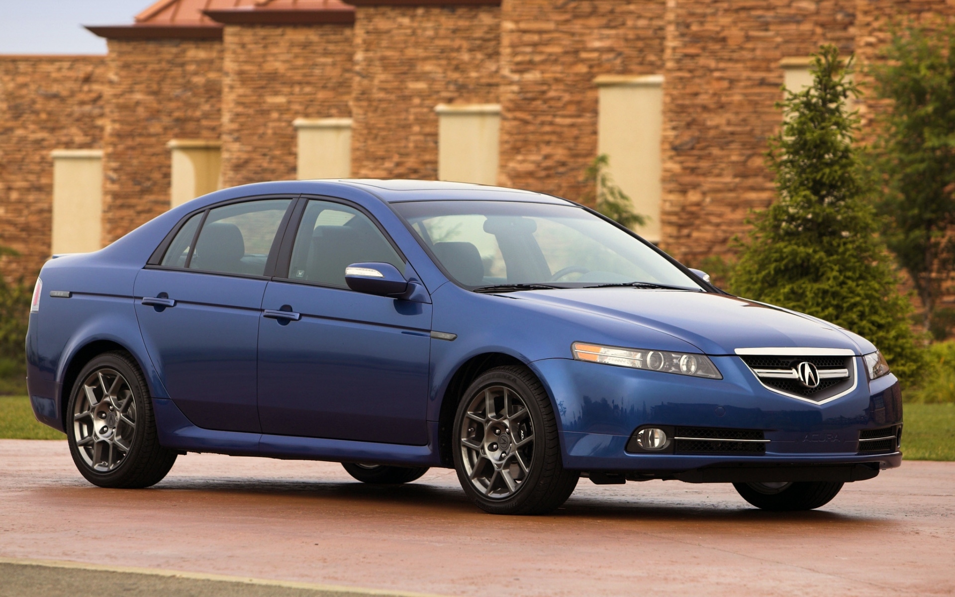Картинки Acura, tl, 2007, синий, вид сбоку, стиль, автомобили, здания, кустарники фото и обои на рабочий стол